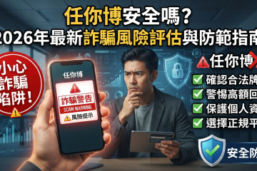 圖片展示了一位面露懷疑的男子正看著手機上顯示的「詐騙警告」，背景融入了數位安全防護與風險評估的主題元素。 畫面搭配了繁體中文標題「任你博安全嗎？2026年最新詐騙風險評估與防範指南」與防範重點提示。
